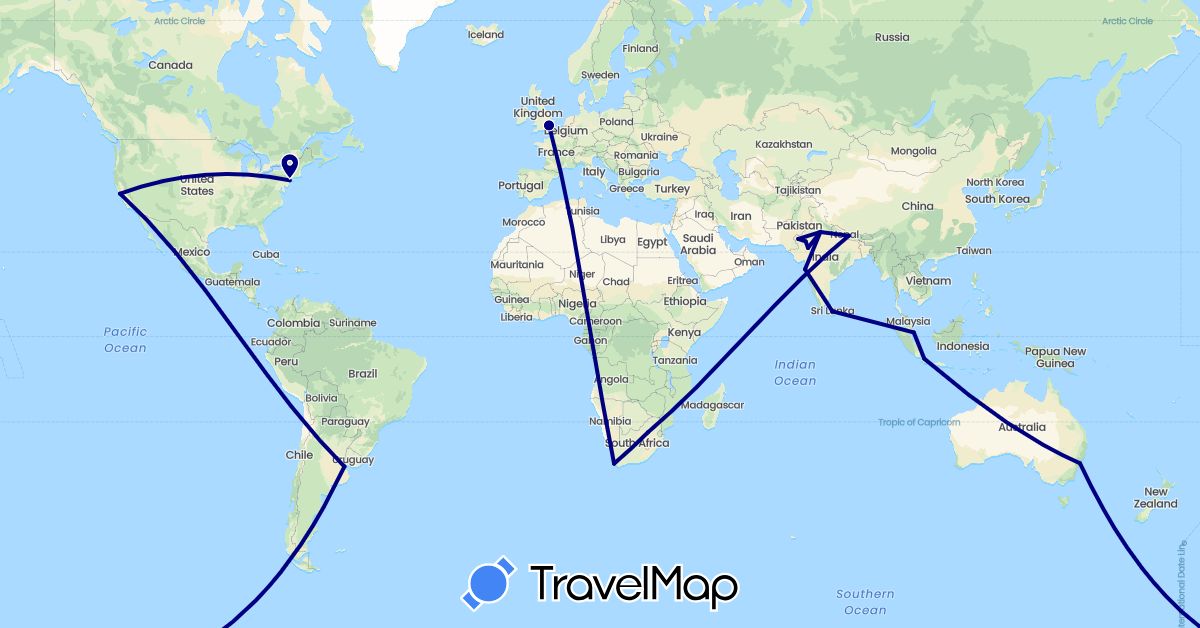 TravelMap itinerary: driving in Argentina, Australia, United Kingdom, Indonesia, India, Sri Lanka, Nepal, Singapore, United States, South Africa (Africa, Asia, Europe, North America, Oceania, South America)